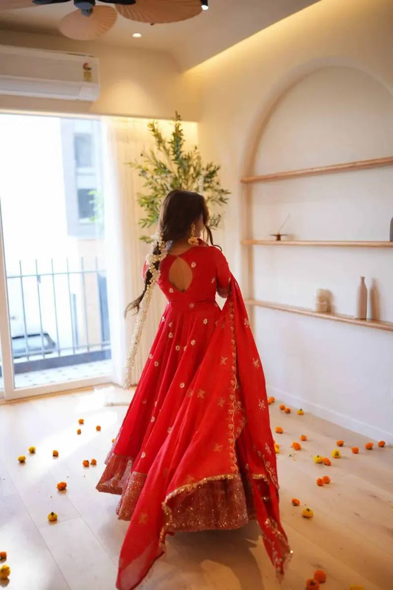 Red Georgette Anarkali Suit with Pant Dupatta Thread Sequence Work Karwa Chauth