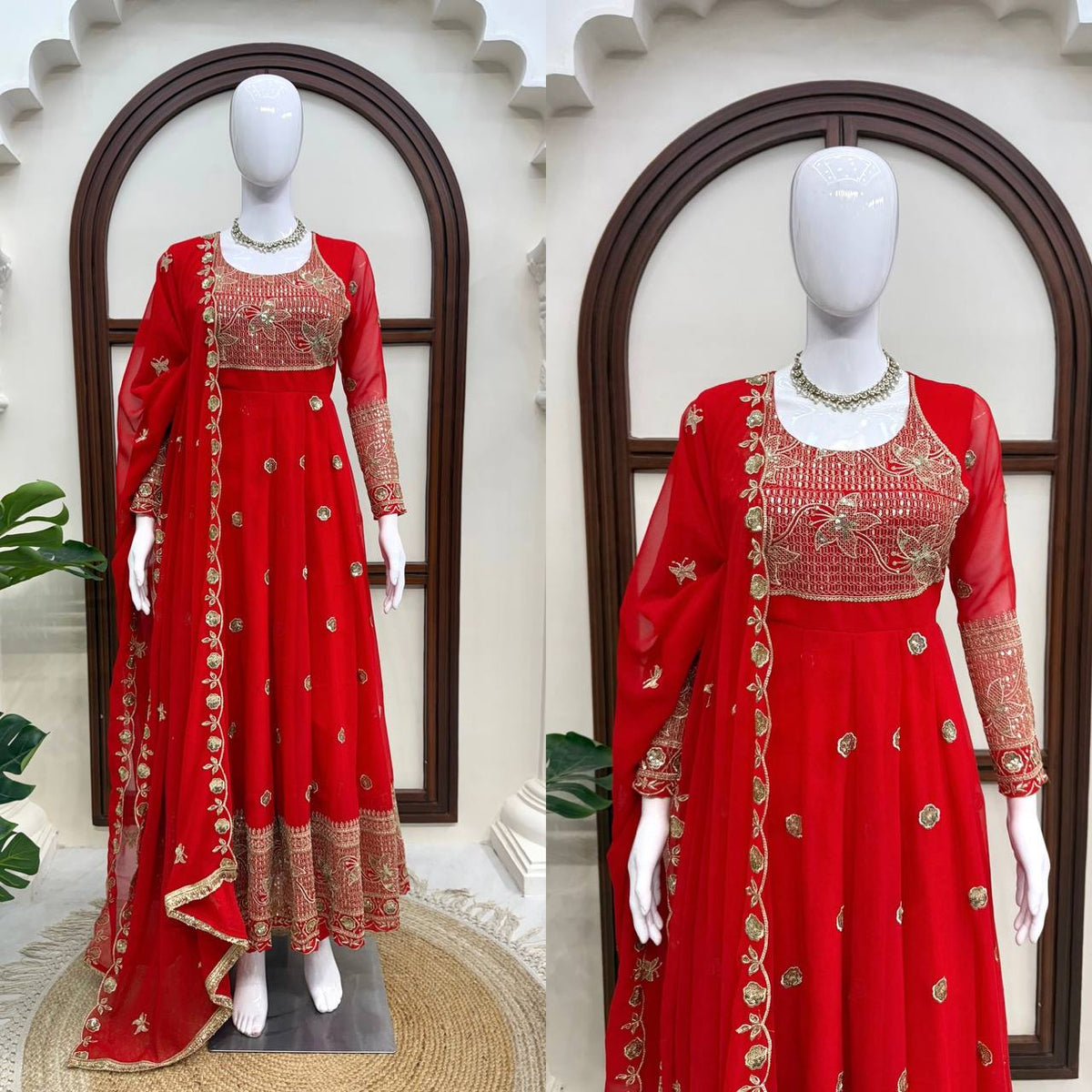 Red Georgette Anarkali Suit with Pant Dupatta Thread Sequence Work Karwa Chauth