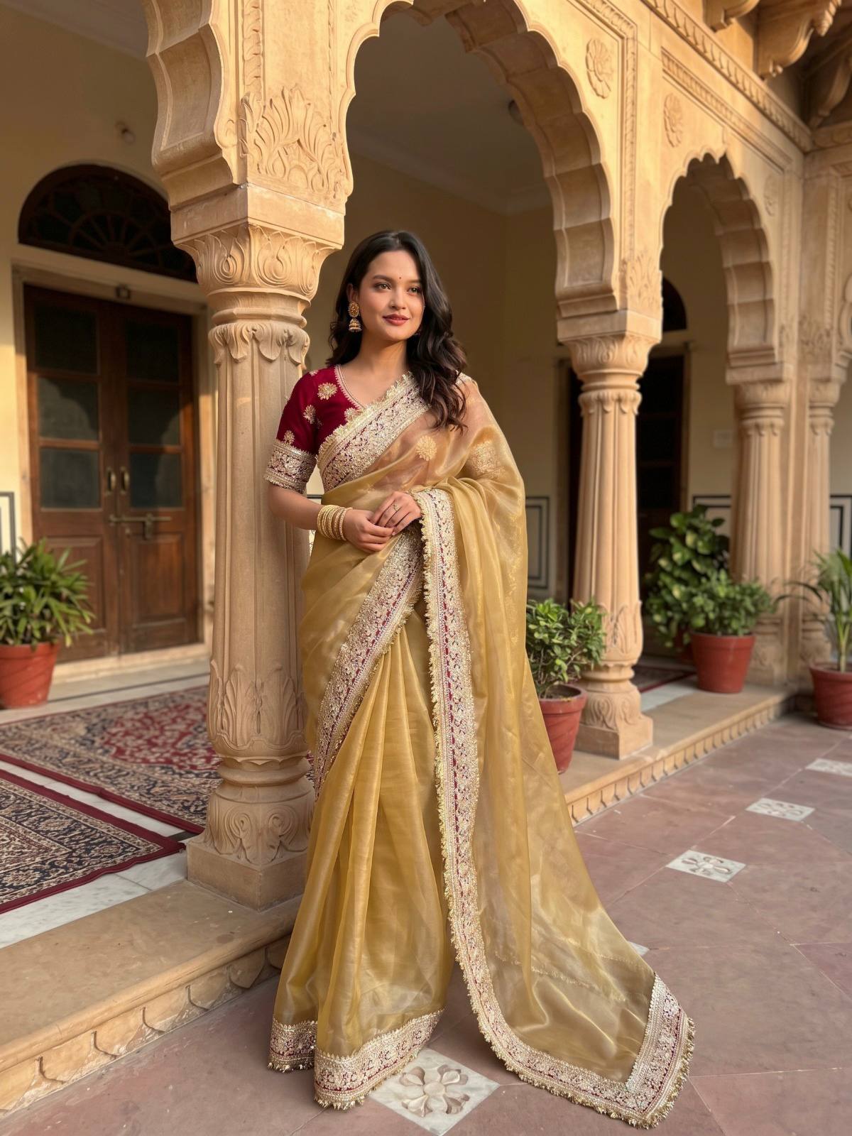 Mocha Silk Saree Sequins Cording Work Frill Lace Border with Blouse Piece