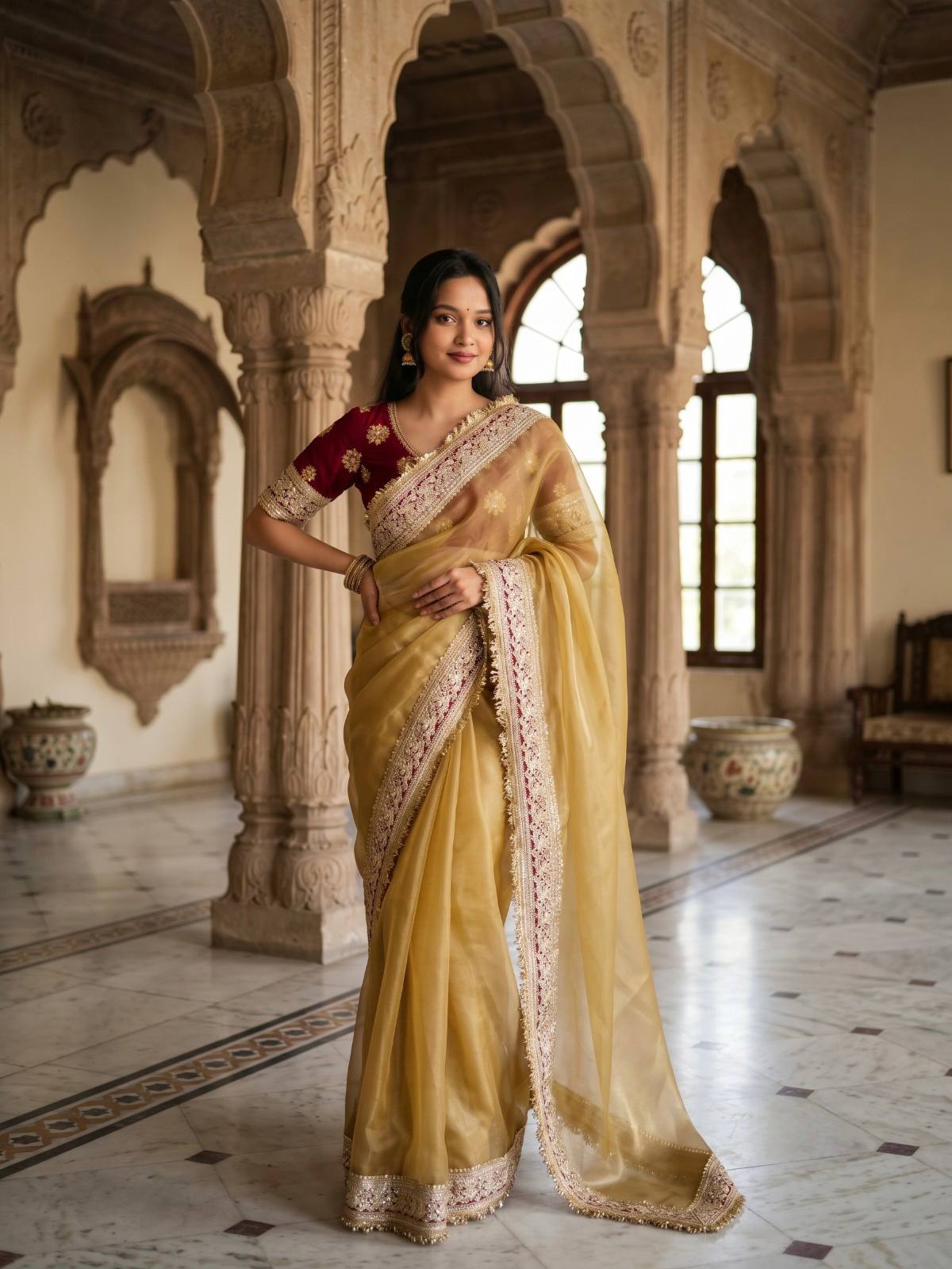 Mocha Silk Saree Sequins Cording Work Frill Lace Border with Blouse Piece