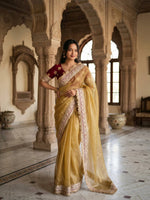 Mocha Silk Saree Sequins Cording Work Frill Lace Border with Blouse Piece