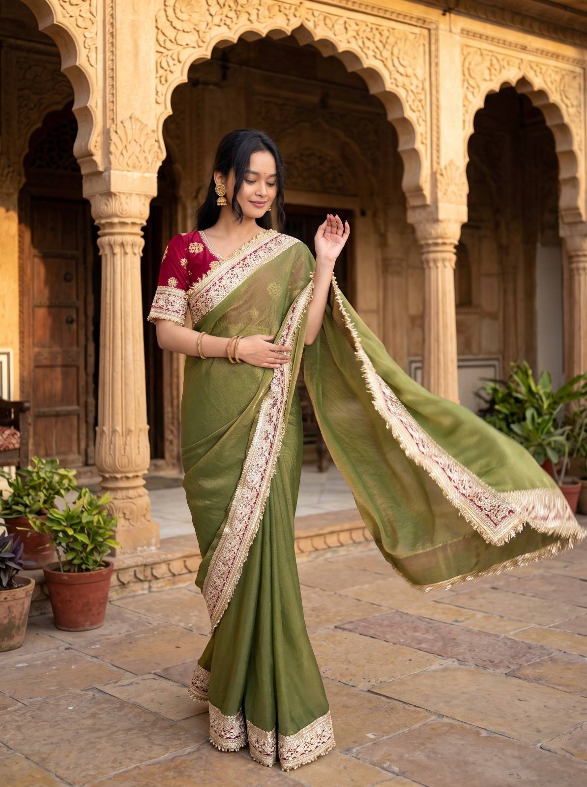 Mocha Silk Saree Sequins Cording Work Frill Lace Border with Blouse Piece
