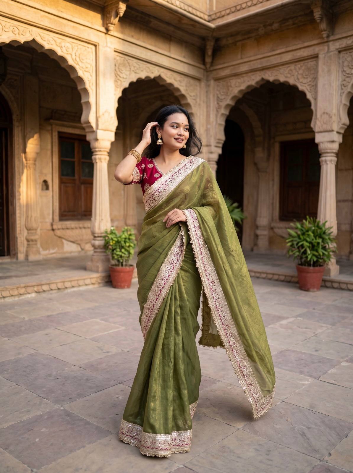 Mocha Silk Saree Sequins Cording Work Frill Lace Border with Blouse Piece