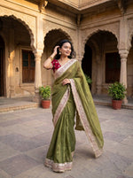 Mocha Silk Saree Sequins Cording Work Frill Lace Border with Blouse Piece