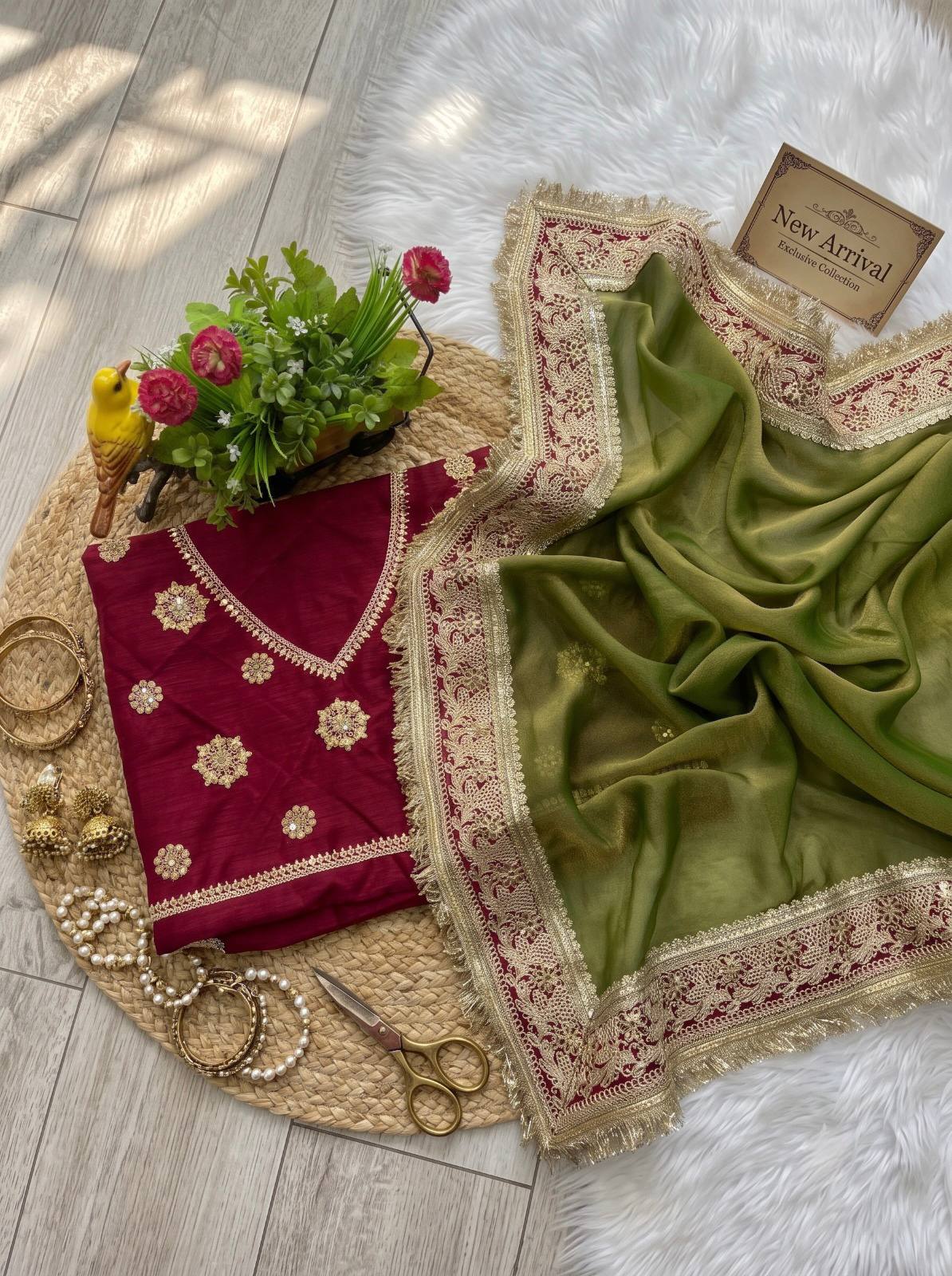 Mocha Silk Saree Sequins Cording Work Frill Lace Border with Blouse Piece