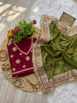 Mocha Silk Saree Sequins Cording Work Frill Lace Border with Blouse Piece