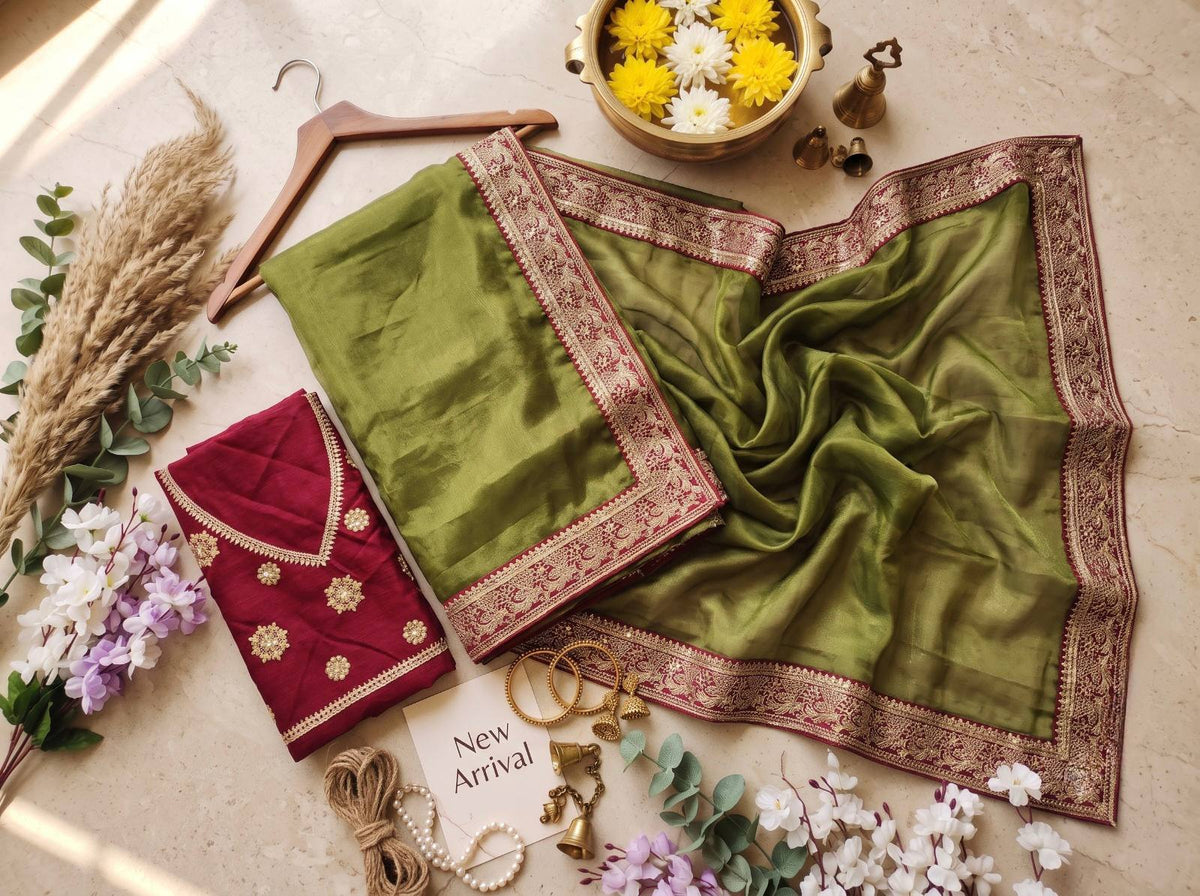 Mocha Silk Saree Sequins Cording Work Frill Lace Border with Blouse Piece