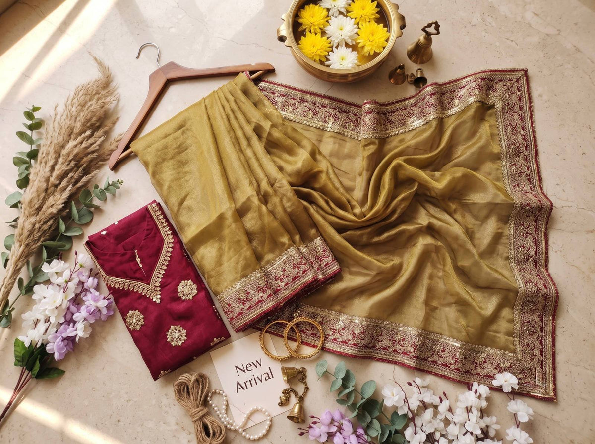 Mocha Silk Saree Sequins Cording Work Frill Lace Border with Blouse Piece