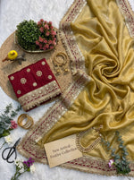 Mocha Silk Saree Sequins Cording Work Frill Lace Border with Blouse Piece