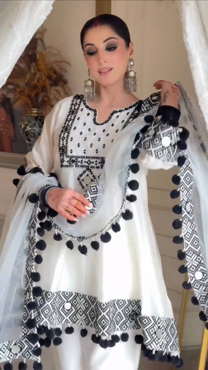 White Natural Crepe Top Pant Dupatta Set Real Mirror Thread Work Fully Stitched
