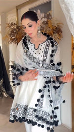White Natural Crepe Top Pant Dupatta Set Real Mirror Thread Work Fully Stitched