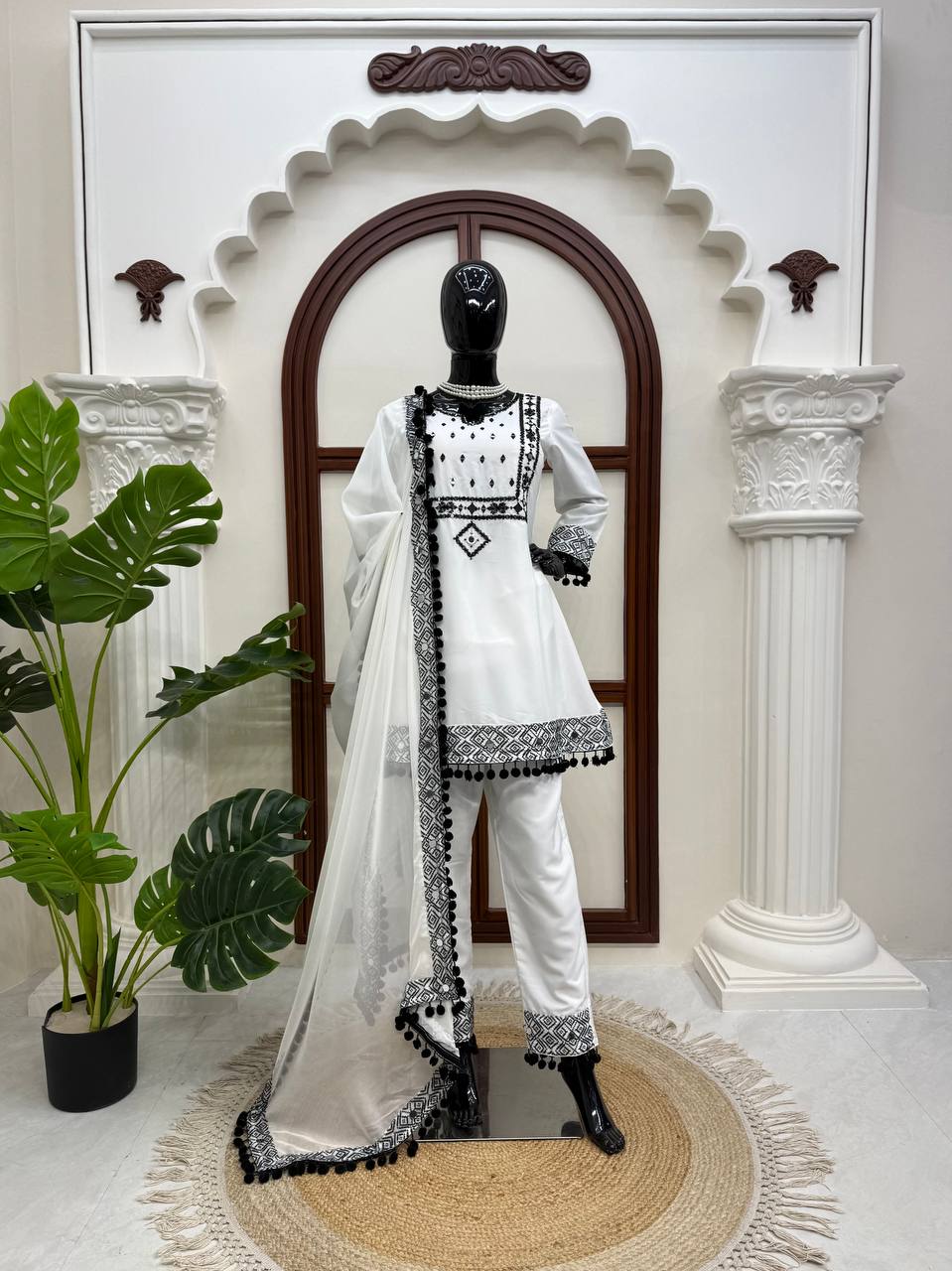 White Natural Crepe Top Pant Dupatta Set Real Mirror Thread Work Fully Stitched