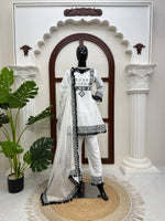 White Natural Crepe Top Pant Dupatta Set Real Mirror Thread Work Fully Stitched