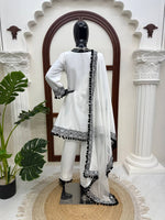 White Natural Crepe Top Pant Dupatta Set Real Mirror Thread Work Fully Stitched
