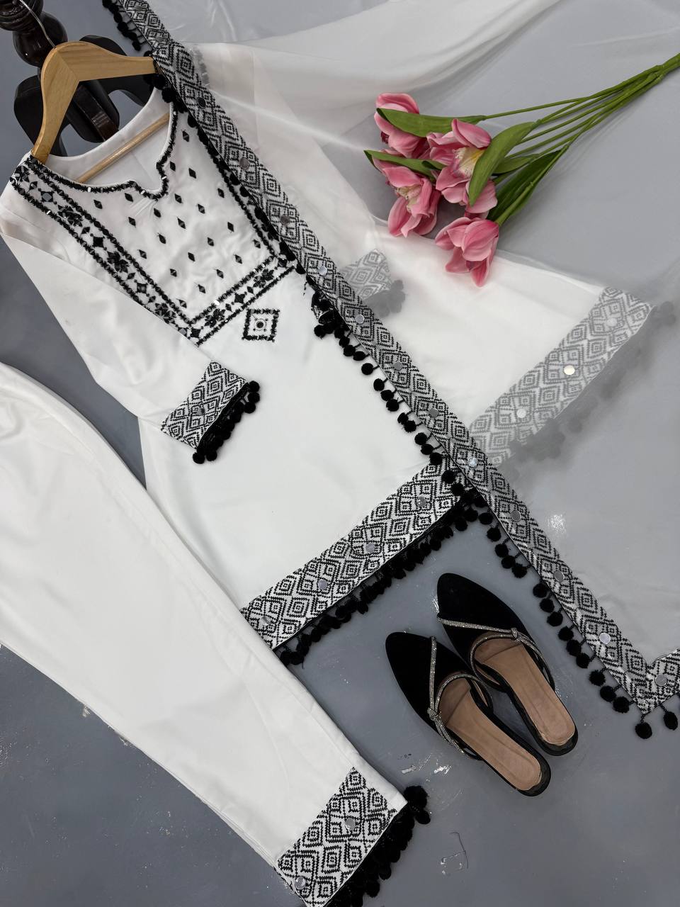 White Natural Crepe Top Pant Dupatta Set Real Mirror Thread Work Fully Stitched