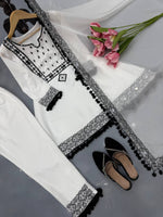 White Natural Crepe Top Pant Dupatta Set Real Mirror Thread Work Fully Stitched