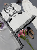 White Natural Crepe Top Pant Dupatta Set Real Mirror Thread Work Fully Stitched