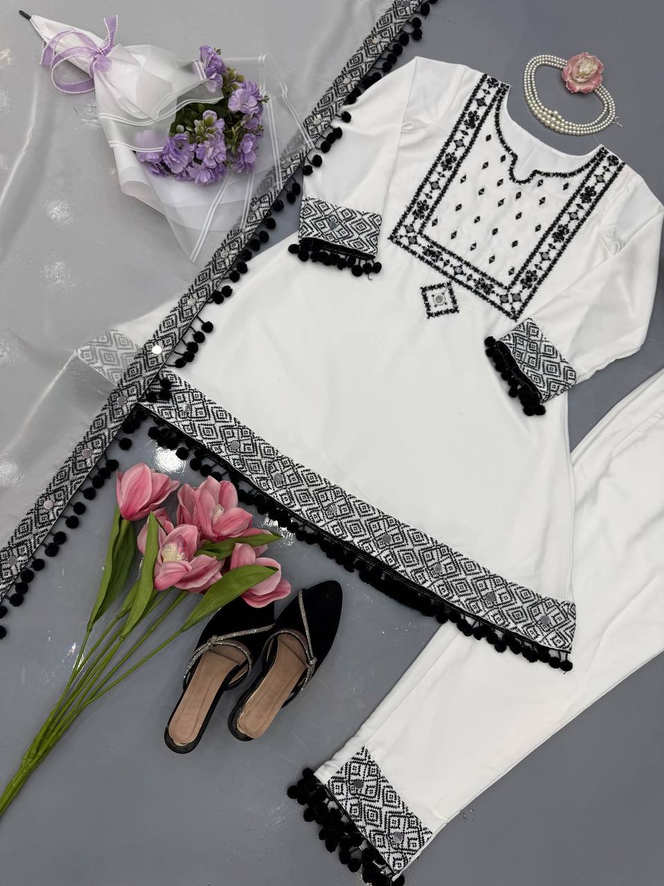 White Natural Crepe Top Pant Dupatta Set Real Mirror Thread Work Fully Stitched