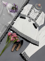 White Natural Crepe Top Pant Dupatta Set Real Mirror Thread Work Fully Stitched