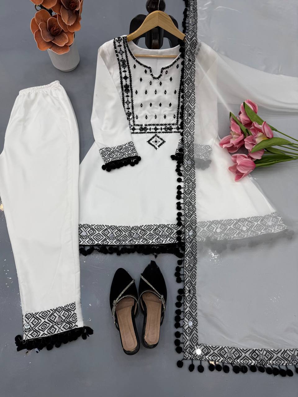 White Natural Crepe Top Pant Dupatta Set Real Mirror Thread Work Fully Stitched