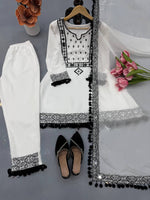 White Natural Crepe Top Pant Dupatta Set Real Mirror Thread Work Fully Stitched