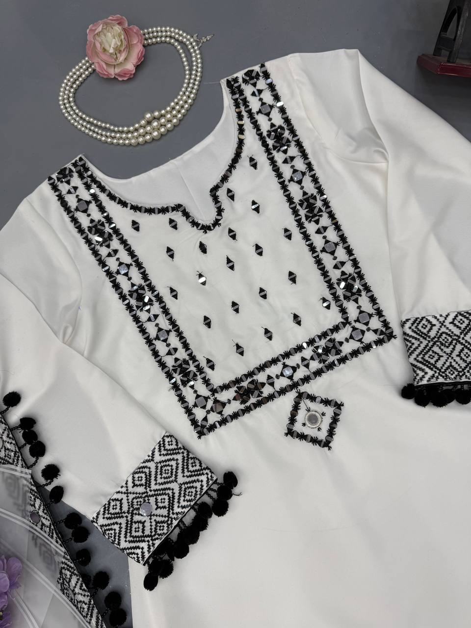 White Natural Crepe Top Pant Dupatta Set Real Mirror Thread Work Fully Stitched