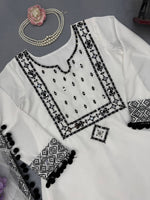 White Natural Crepe Top Pant Dupatta Set Real Mirror Thread Work Fully Stitched