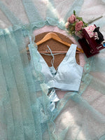 Pista Green And White And OrengeSequins Work Net Saree with Blouse Scalloped Border Party Wear