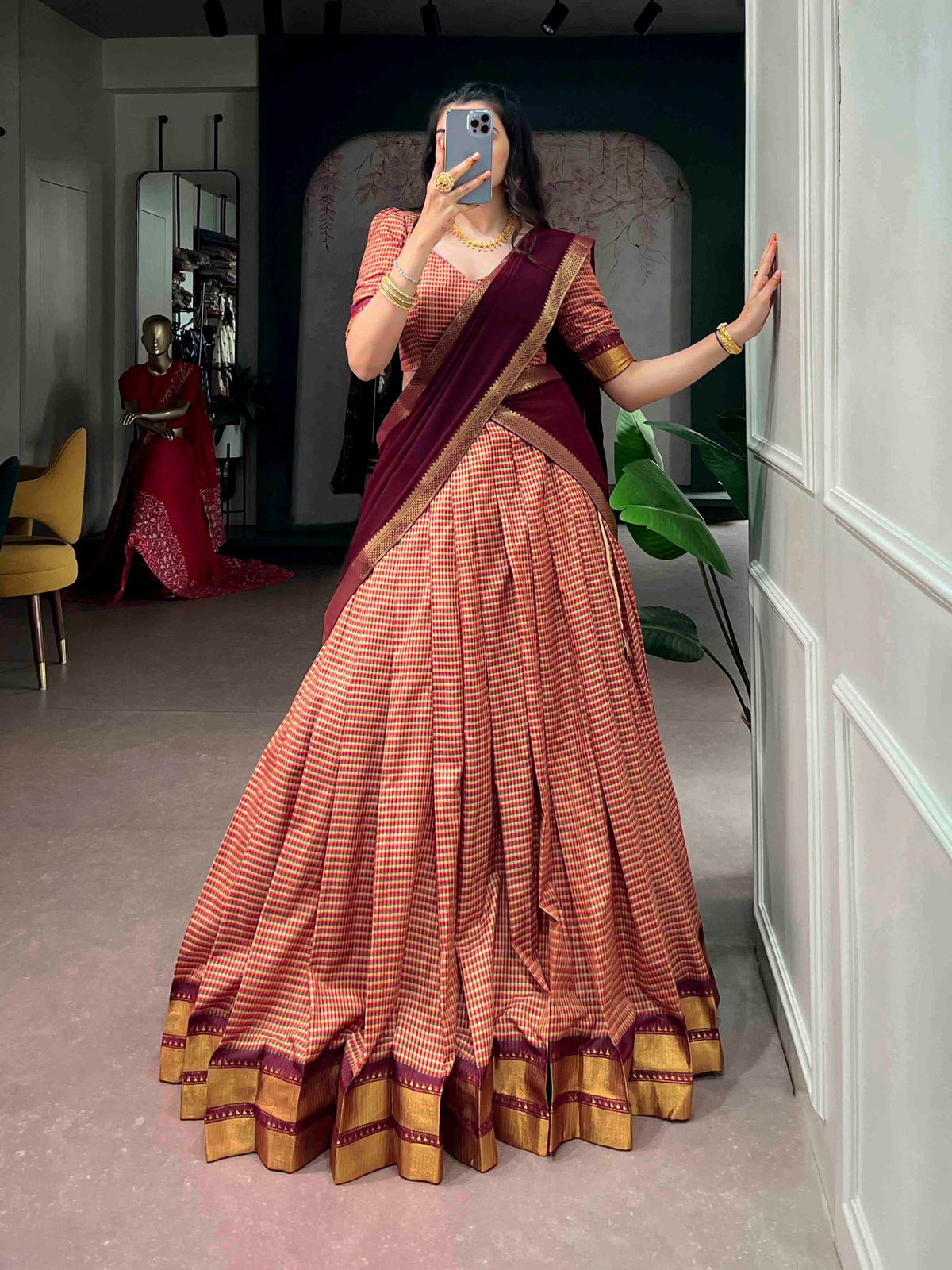 South Indian Half Saree Lehenga Kanchi Cotton Zari Border with Dupatta Festive