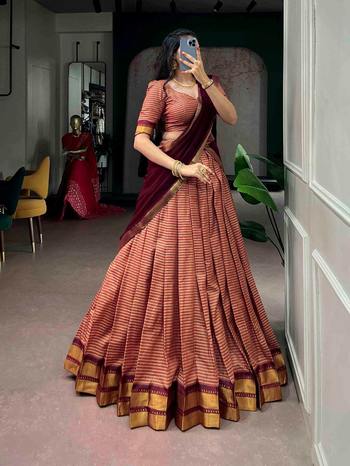 South Indian Half Saree Lehenga Kanchi Cotton Zari Border with Dupatta Festive