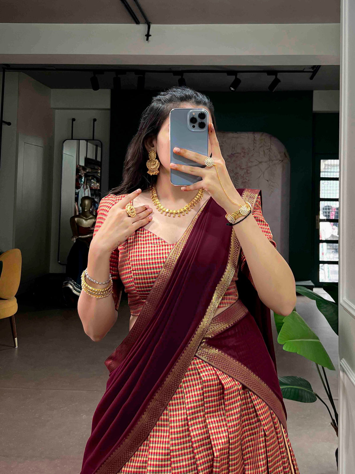 South Indian Half Saree Lehenga Kanchi Cotton Zari Border with Dupatta Festive