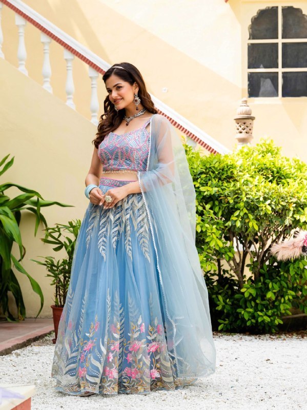 Sky Blue Soft Net Lehenga Choli Zari Sequence Embroidery Work Semi Stitched