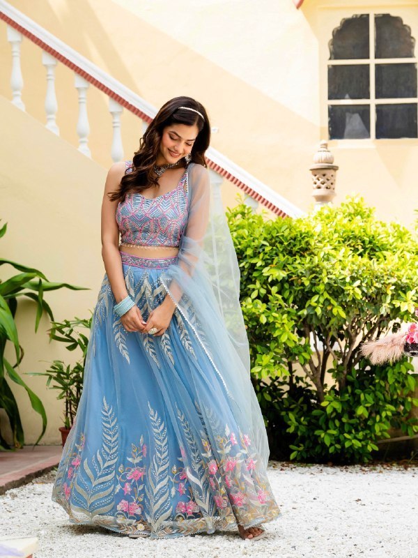 Sky Blue Soft Net Lehenga Choli Zari Sequence Embroidery Work Semi Stitched