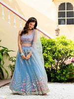 Sky Blue Soft Net Lehenga Choli Zari Sequence Embroidery Work Semi Stitched