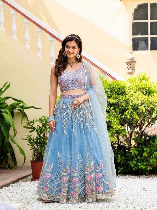 Sky Blue Soft Net Lehenga Choli Zari Sequence Embroidery Work Semi Stitched