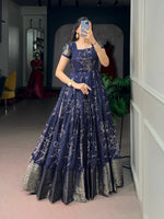 Kota Checks Long Dress Bandhej Print Zari Weaving Sleeves Flared Gown Women