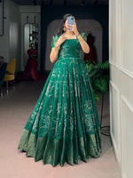 Kota Checks Long Dress Bandhej Print Zari Weaving Sleeves Flared Gown Women