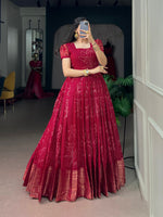 Kota Checks Long Dress Bandhej Print Zari Weaving Sleeves Flared Gown Women