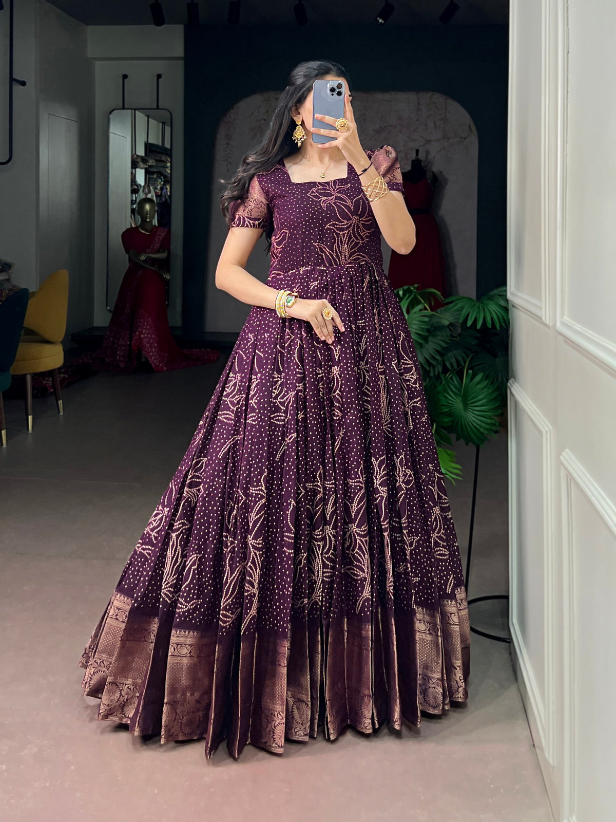 Kota Checks Long Dress Bandhej Print Zari Weaving Sleeves Flared Gown Women