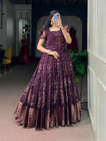Kota Checks Long Dress Bandhej Print Zari Weaving Sleeves Flared Gown Women