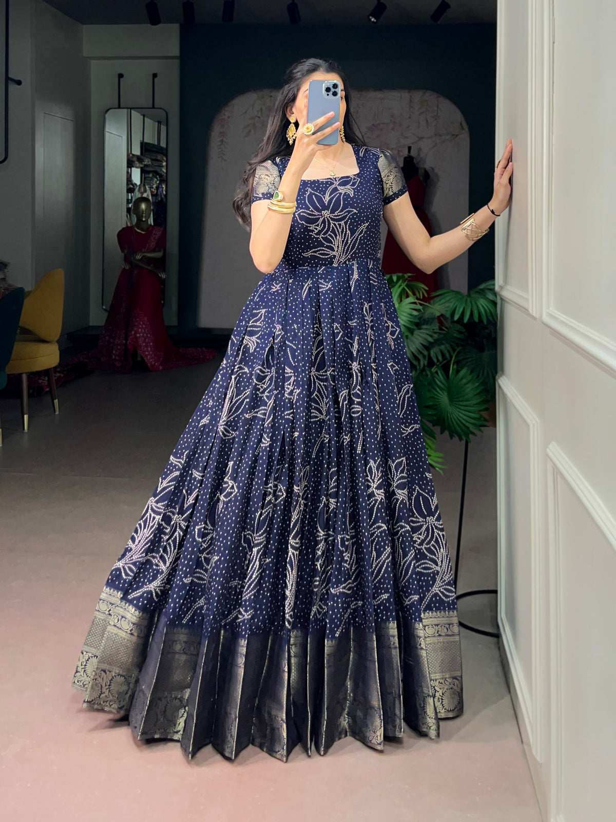 Kota Checks Long Dress Bandhej Print Zari Weaving Sleeves Flared Gown Women