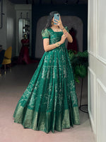 Kota Checks Long Dress Bandhej Print Zari Weaving Sleeves Flared Gown Women