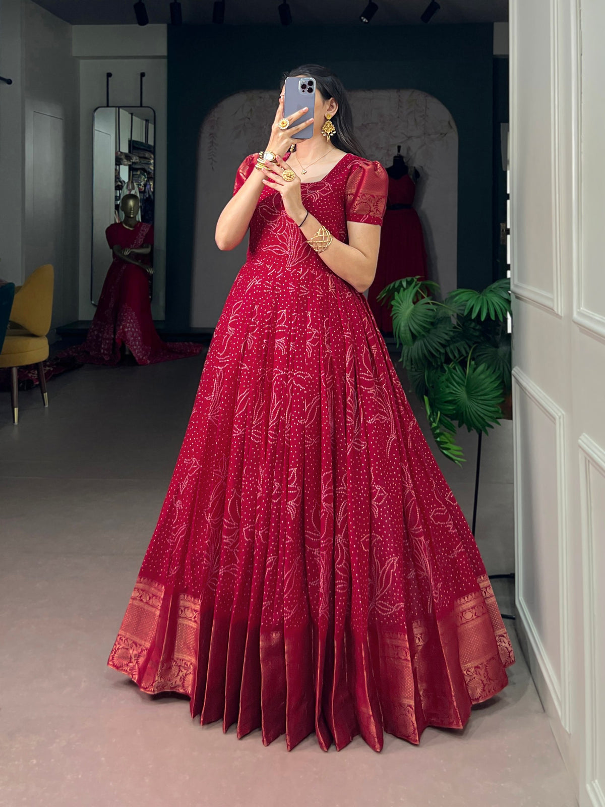 Kota Checks Long Dress Bandhej Print Zari Weaving Sleeves Flared Gown Women