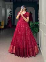 Kota Checks Long Dress Bandhej Print Zari Weaving Sleeves Flared Gown Women