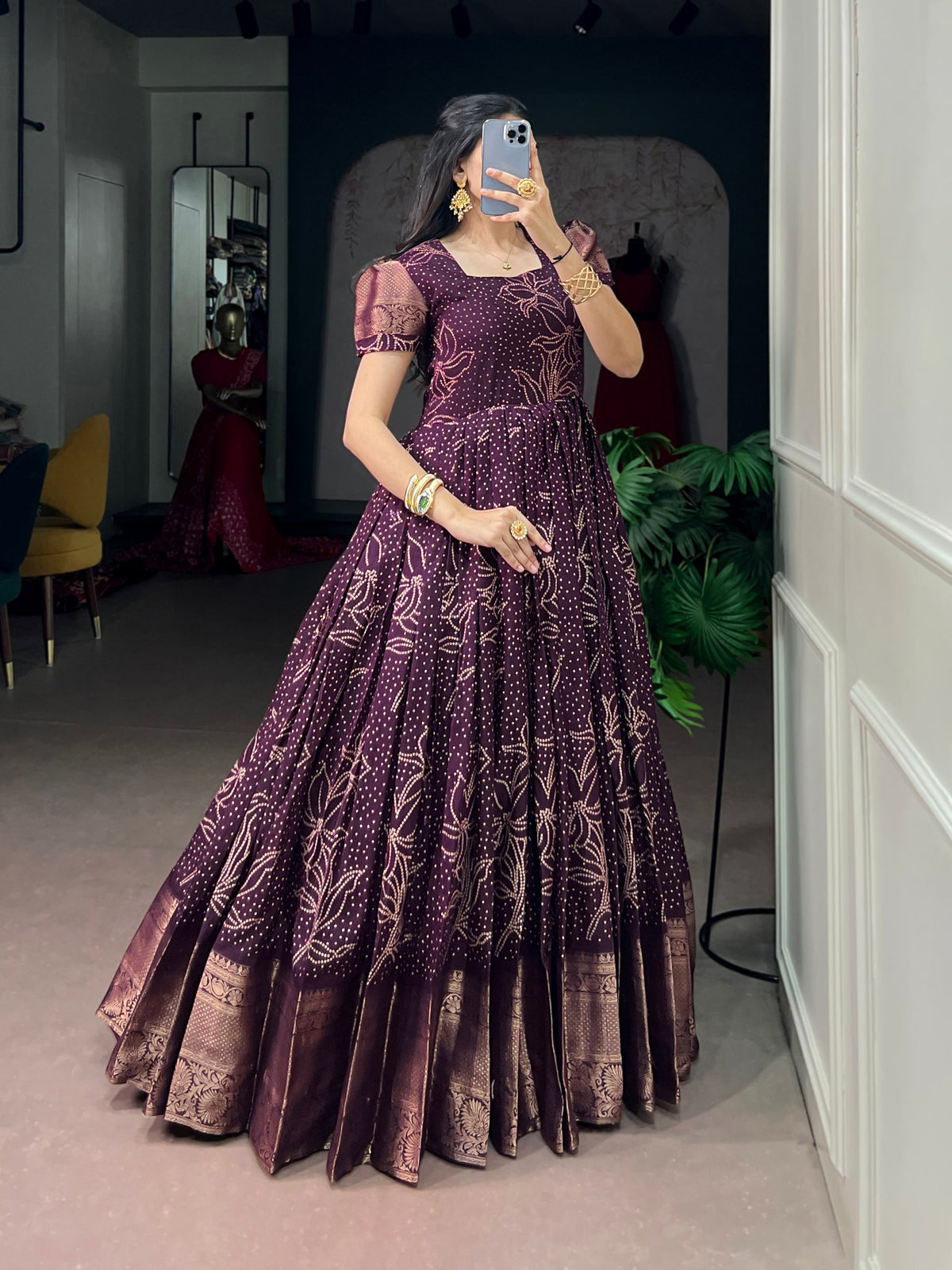 Kota Checks Long Dress Bandhej Print Zari Weaving Sleeves Flared Gown Women