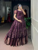 Kota Checks Long Dress Bandhej Print Zari Weaving Sleeves Flared Gown Women