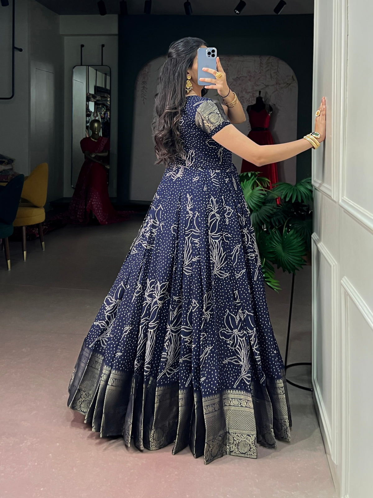 Kota Checks Long Dress Bandhej Print Zari Weaving Sleeves Flared Gown Women