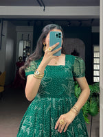 Kota Checks Long Dress Bandhej Print Zari Weaving Sleeves Flared Gown Women