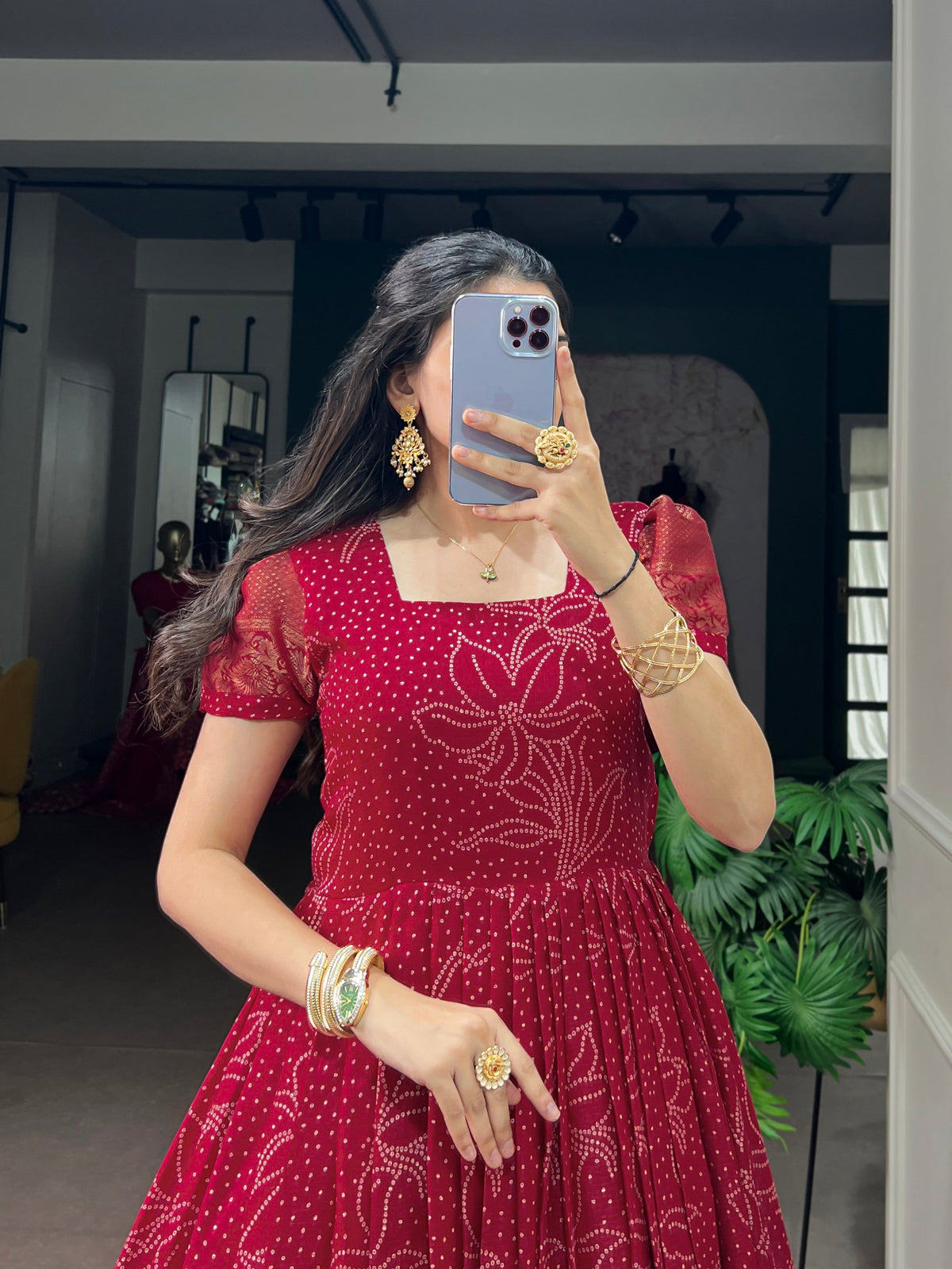 Kota Checks Long Dress Bandhej Print Zari Weaving Sleeves Flared Gown Women