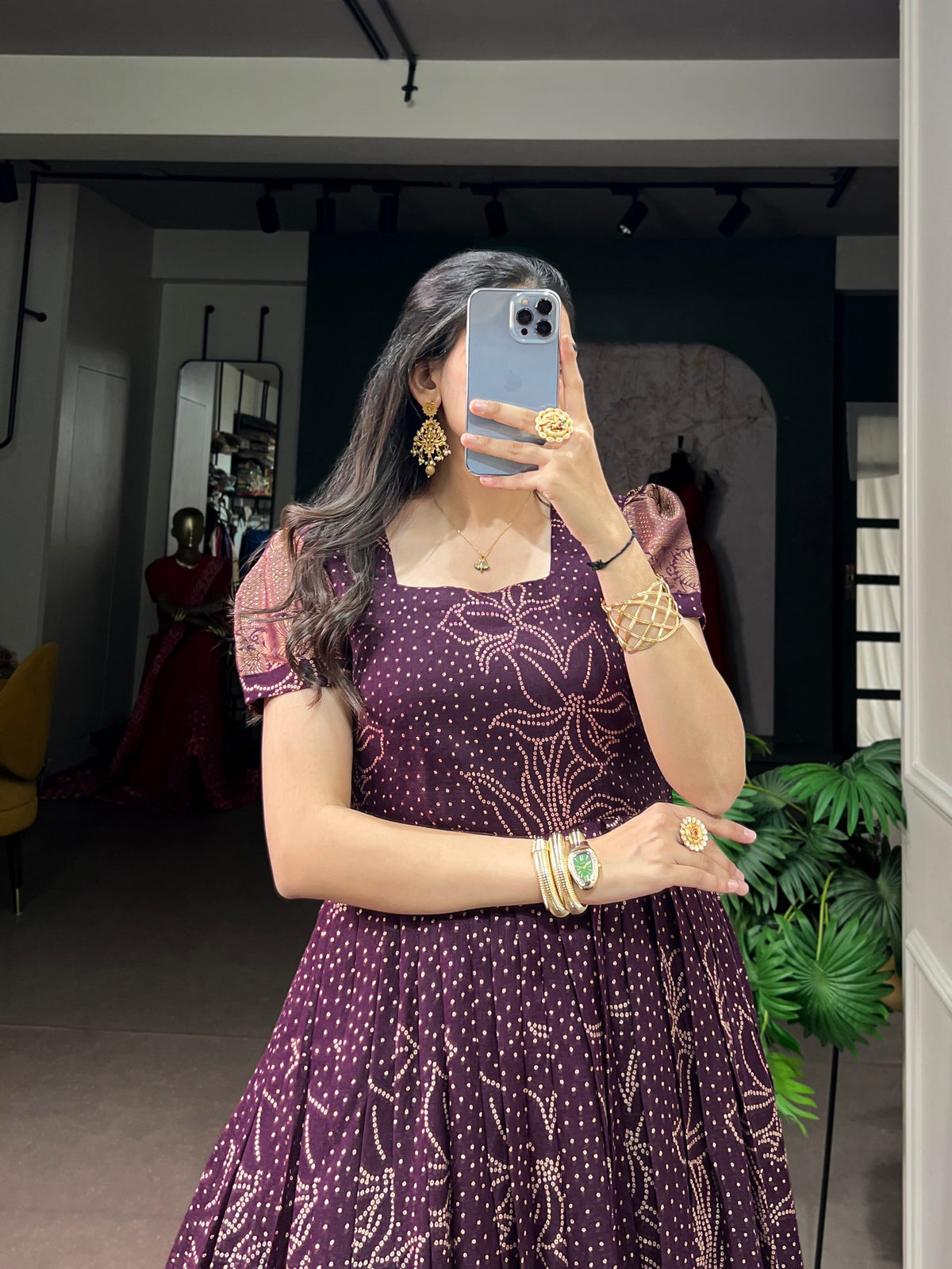 Kota Checks Long Dress Bandhej Print Zari Weaving Sleeves Flared Gown Women